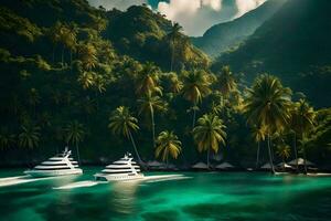 two boats in the ocean near a tropical island. AI-Generated photo