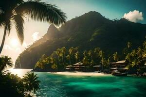 tropical island with palm trees and a beach. AI-Generated photo