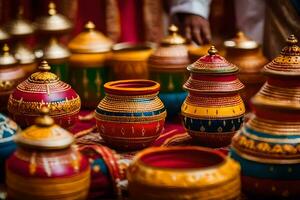 colorful pots and bowls on display at a wedding. AI-Generated photo