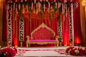 a red and pink wedding stage decorated with flowers. AI-Generated photo
