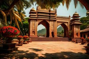 an indian temple with a large archway and a lot of flowers. AI-Generated photo