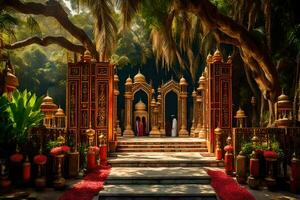 an ornate entrance to a temple in the woods. AI-Generated photo