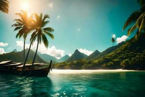 the boat is sailing on the water in the tropical island. AI-Generated photo