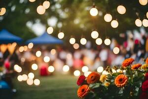 a group of people at a wedding with lights. AI-Generated photo