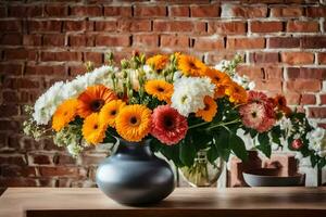 a vase of orange and white flowers on a table. AI-Generated photo