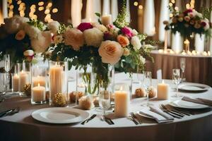 a table with candles and flowers. AI-Generated photo