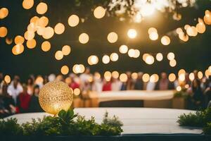 a wedding reception with lights and flowers. AI-Generated photo