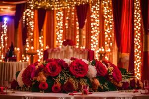 a wedding reception table with red roses and garlands. AI-Generated photo