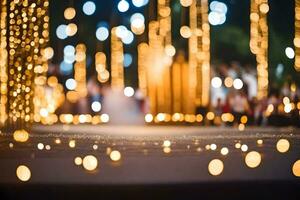 a wedding ceremony with lights and a backdrop. AI-Generated photo