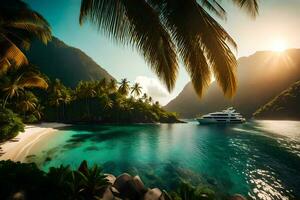 a yacht is docked in the ocean near palm trees. AI-Generated photo