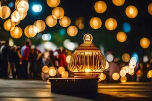 a lantern lit up in the middle of a crowd. AI-Generated photo