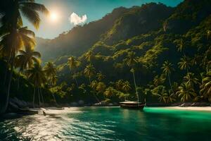 tropical island with palm trees and boats in the water. AI-Generated photo