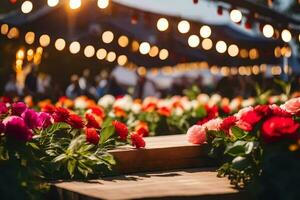 flowers are arranged on a wooden table in front of a crowd. AI-Generated photo