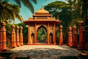 an indian temple with a stone archway and palm trees. AI-Generated photo