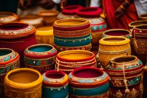 colorful pots are displayed in a market. AI-Generated photo