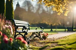 a bench in a park with flowers and trees. AI-Generated photo