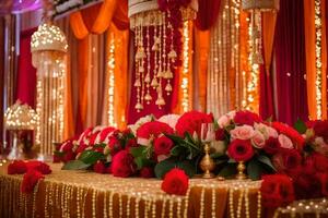 a wedding reception table with red and gold decorations. AI-Generated photo