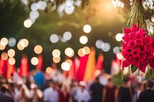 a large group of people are standing in front of a large flower arrangement. AI-Generated photo