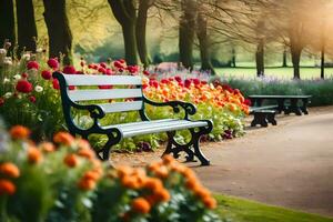 a bench in a park surrounded by flowers. AI-Generated photo