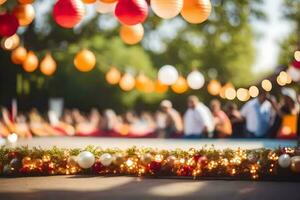 a wedding ceremony with paper lanterns and lights. AI-Generated photo