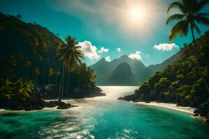 the sun shines over a tropical beach and mountains. AI-Generated photo