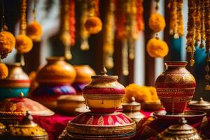 indian wedding decor with colorful pots and pom poms. AI-Generated photo