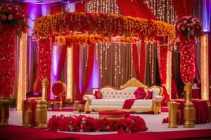 an indian wedding stage decorated with red and gold flowers. AI-Generated photo