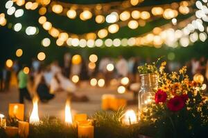 candles and flowers are lit in a field at night. AI-Generated photo