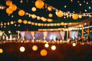 a wedding reception with yellow lights and candles. AI-Generated photo