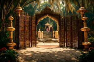 an ornate entrance to a tropical garden. AI-Generated photo