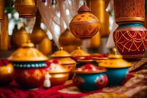 indian wedding decorations with colorful pots and vases. AI-Generated photo