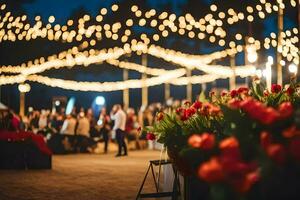 un Boda recepción debajo luces. generado por ai foto