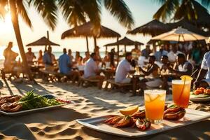 personas sentado a un mesa con comida y bebidas en el playa. generado por ai foto