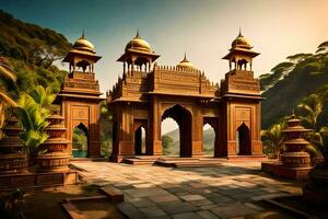 an indian temple in the middle of a forest. AI-Generated photo