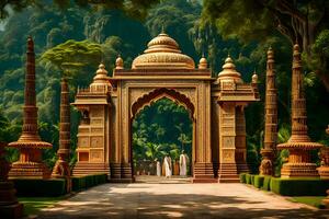 an ornate gate in the middle of a lush green park. AI-Generated photo