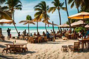 a beach with tables and umbrellas on the sand. AI-Generated photo