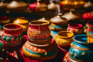 colorful pots and bowls on display at a market. AI-Generated photo