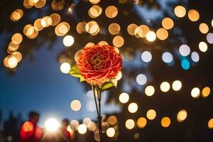 un soltero rojo flor en frente de un grupo de luces. generado por ai foto
