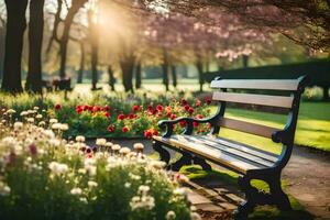 a bench in a park with flowers and trees. AI-Generated photo