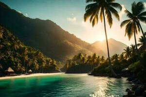 a tropical beach with palm trees and water. AI-Generated photo