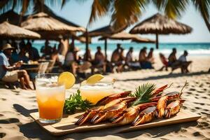 a tray of shrimp and drinks on the beach. AI-Generated photo