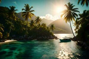 a tropical island with palm trees and a boat. AI-Generated photo