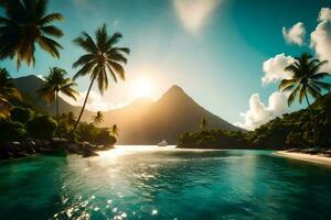 the sun shines over a tropical island and palm trees. AI-Generated photo