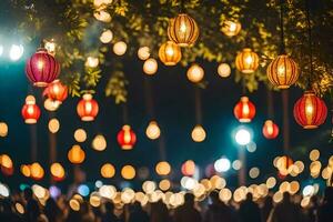 many colorful lanterns are hanging from trees. AI-Generated photo