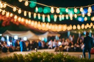 a group of people standing under string lights at night. AI-Generated photo