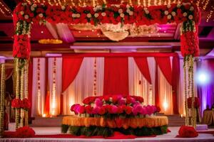 an indian wedding stage decorated with red flowers. AI-Generated photo