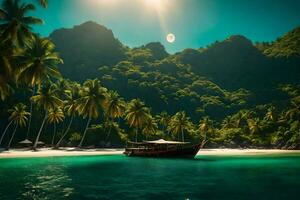 a boat on the beach in the middle of a tropical island. AI-Generated photo