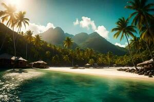 a tropical beach with palm trees and huts. AI-Generated photo