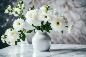 blanco flores en un florero en un mármol mesa. generado por ai foto