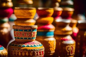 colorful vases are displayed in a shop. AI-Generated photo